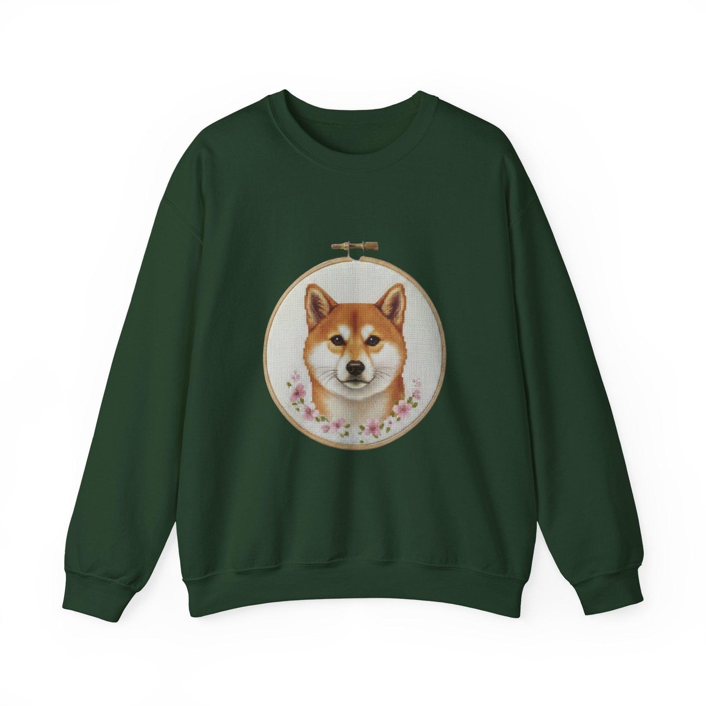 Shiba Inu Portrait Crewneck Sweatshirt | Embroidery Hoop Floral Frame