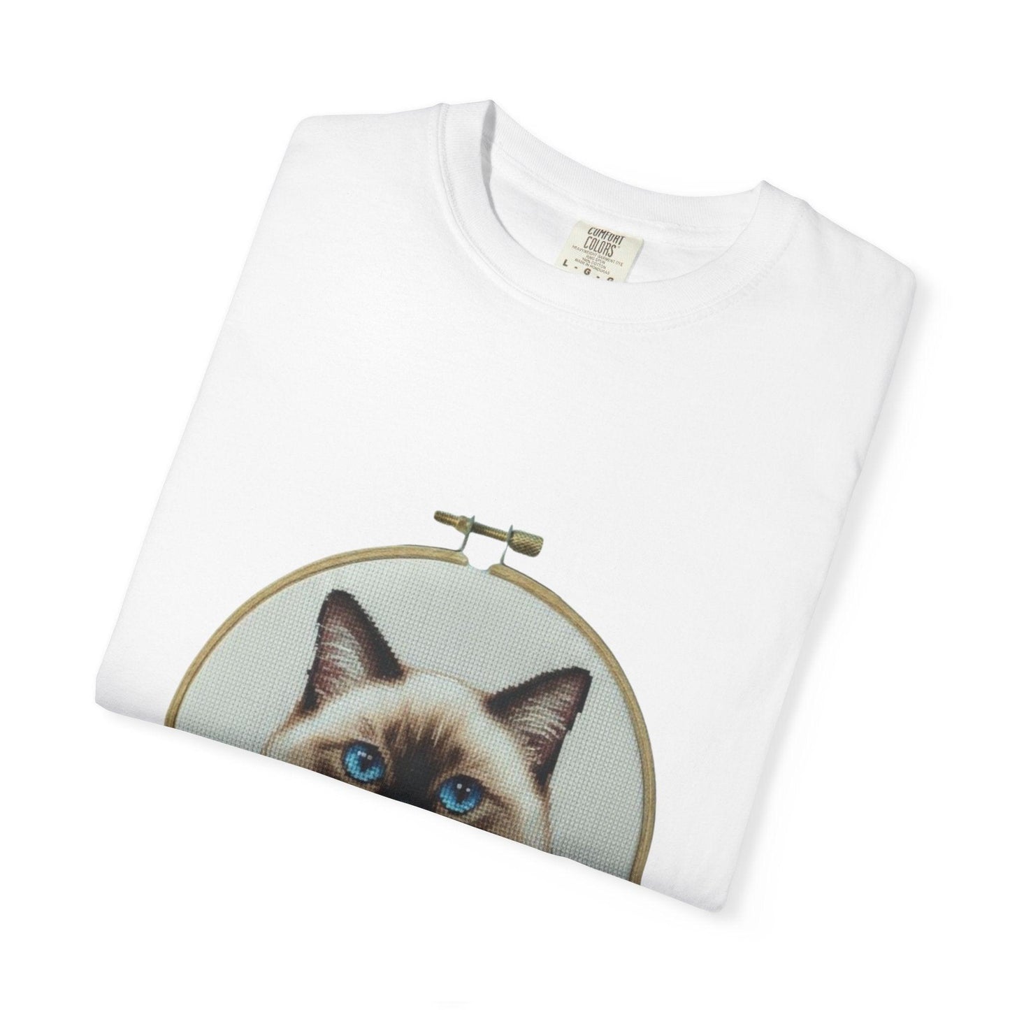 Blue-Eyed Siamese Cat Portrait T-Shirt | Embroidery Hoop Floral Design