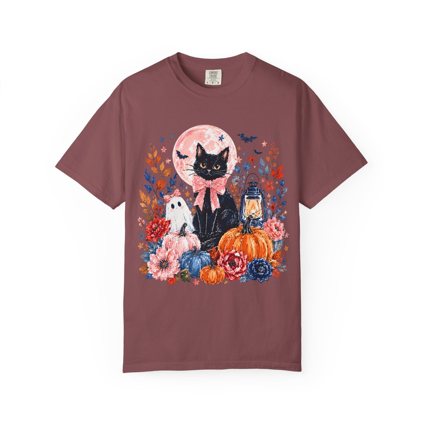 Black Cat with Pumpkins T-shirt | Halloween Moon Lantern Floral Design