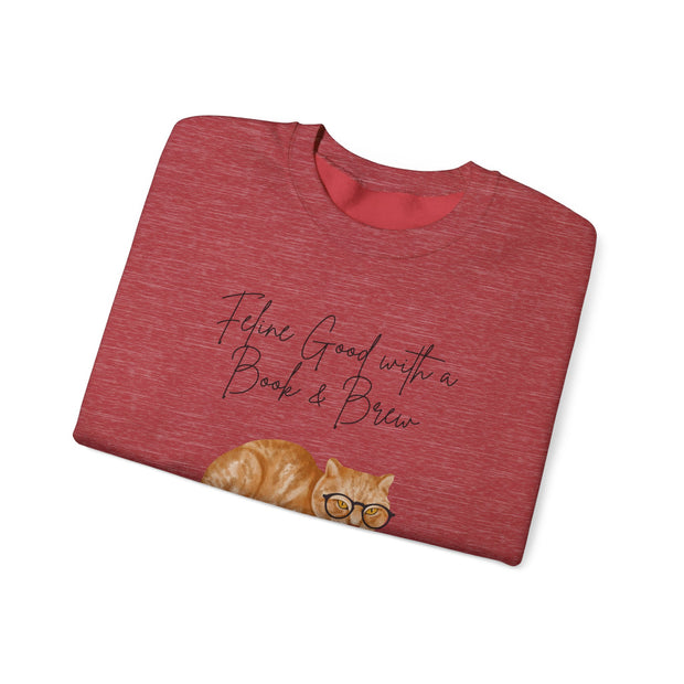 'Feline Good With A Book & Brew' Unisex Crewneck Sweatshirt