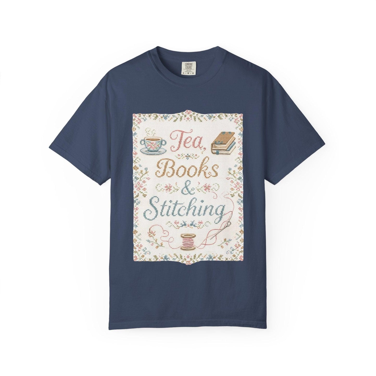 Tea Books & Stitching T-shirt | Reading, Sewing, Cozy Hobby Design