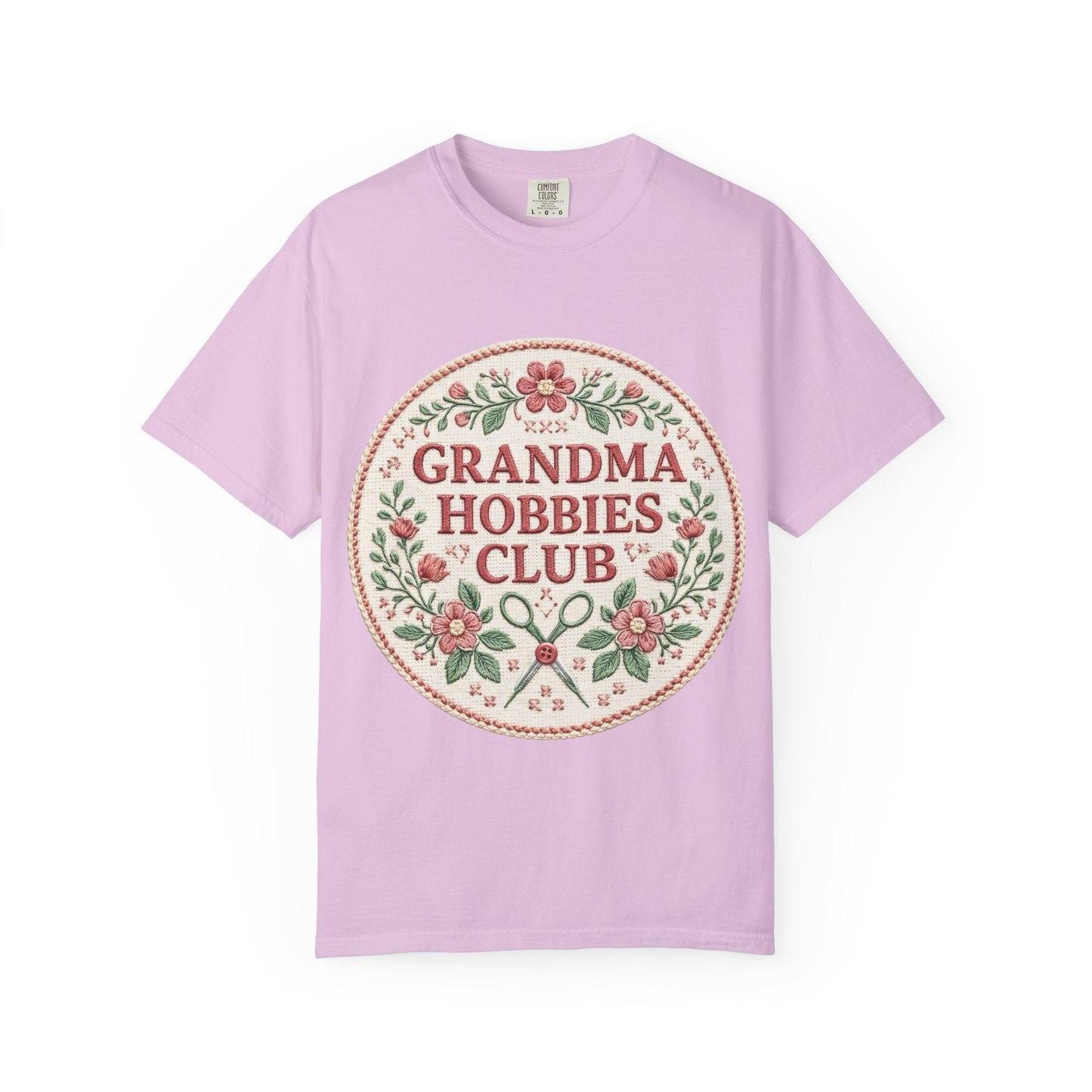 Grandma Hobbies Club T-shirt | Floral Needlework Scissors Embroidery Design