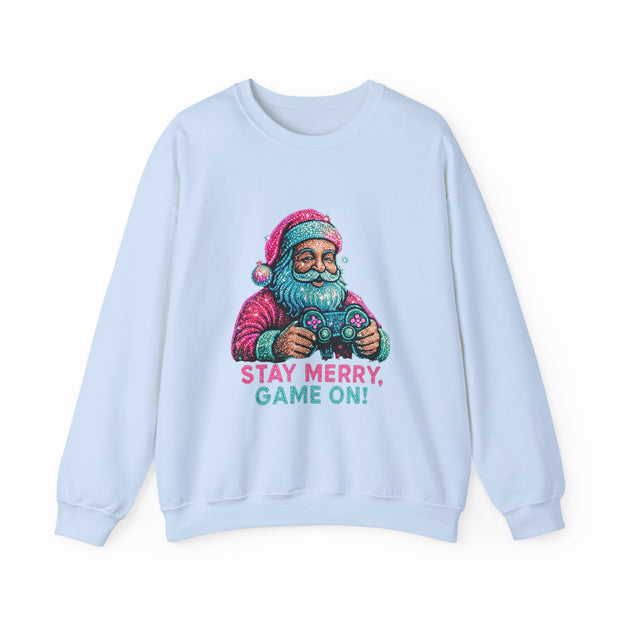 Santa with Game Controller Crewneck, Stay Merry Game On Holiday Sweatshirt