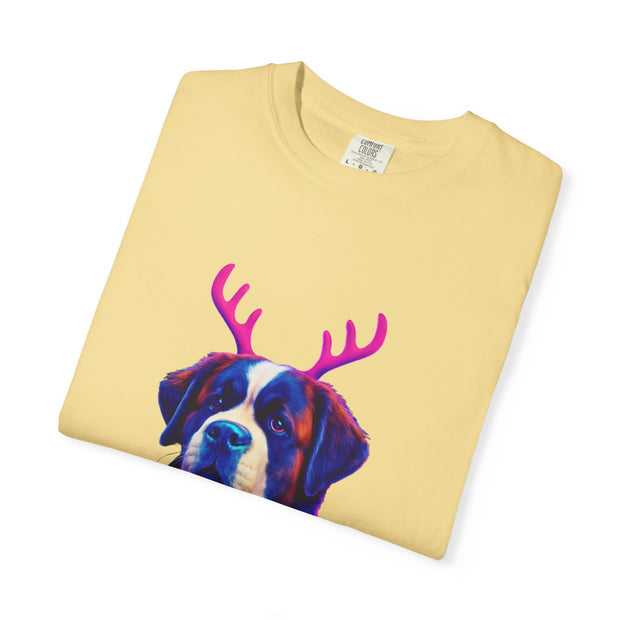 Saint Bernard in Reindeer Antlers T-Shirt | Holiday Dog Sweater Design