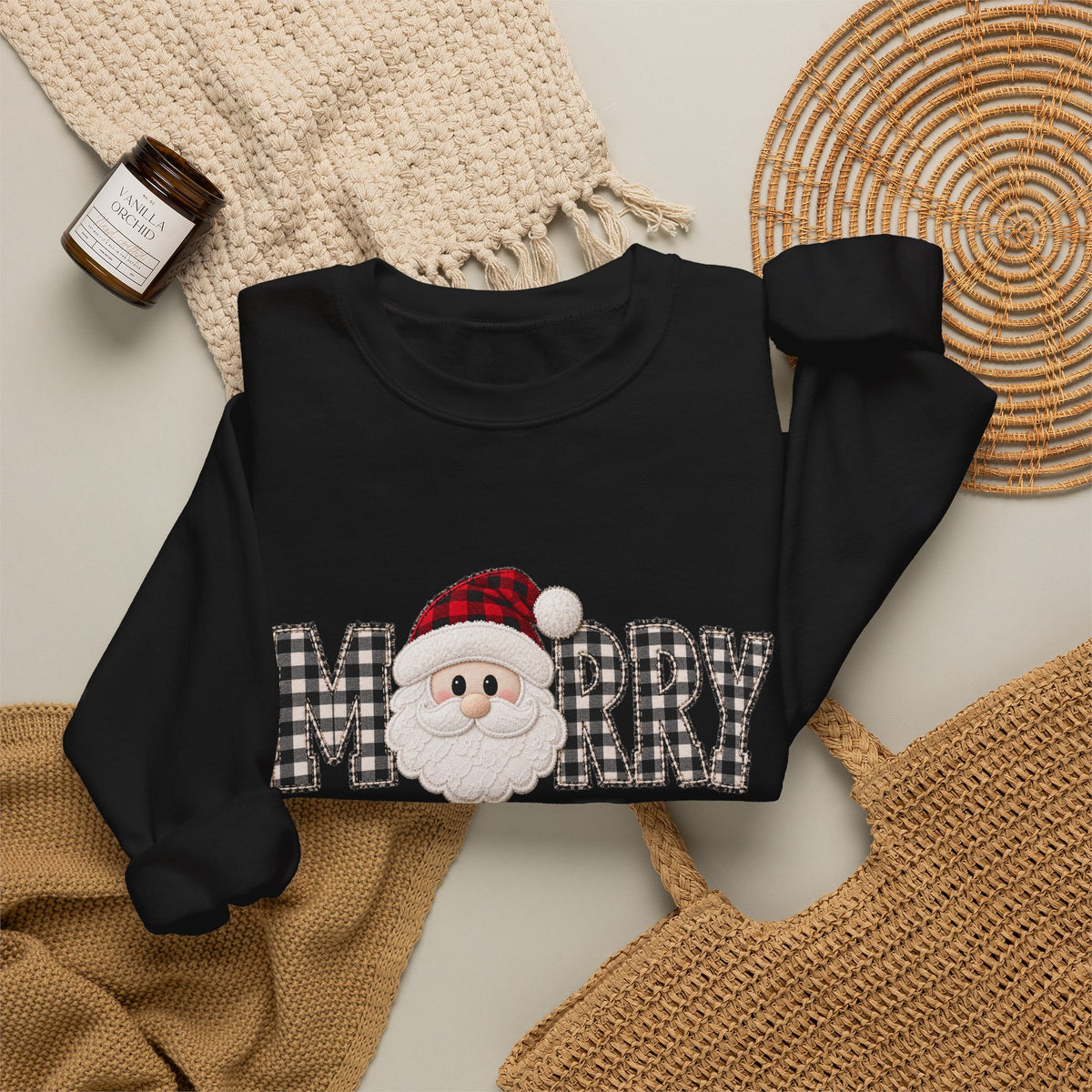Merry Christmas Sweatshirt, Santa Christmas Crewneck, Plaid Holiday Sweater, Cute Santa Shirt, Cozy Christmas Gift for Her