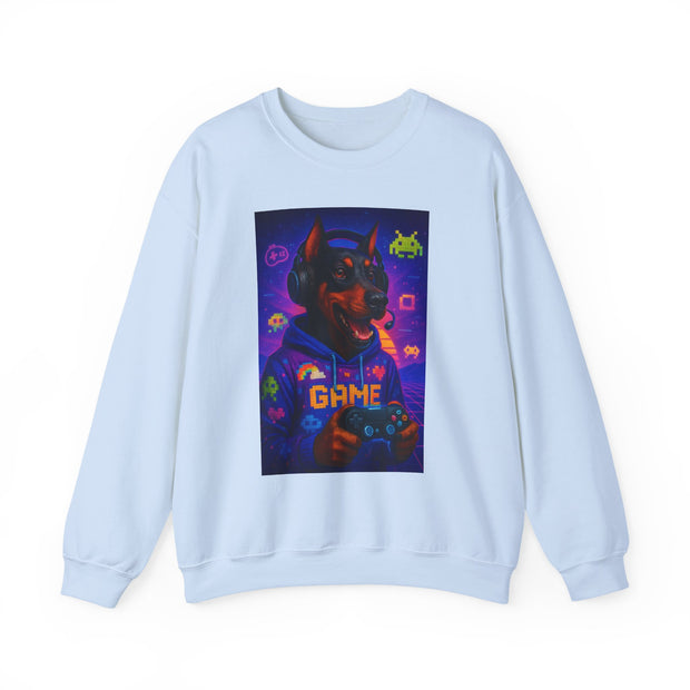 Gaming Doberman Graphic Crewneck Sweatshirt | Retro Arcade Dog Gamer