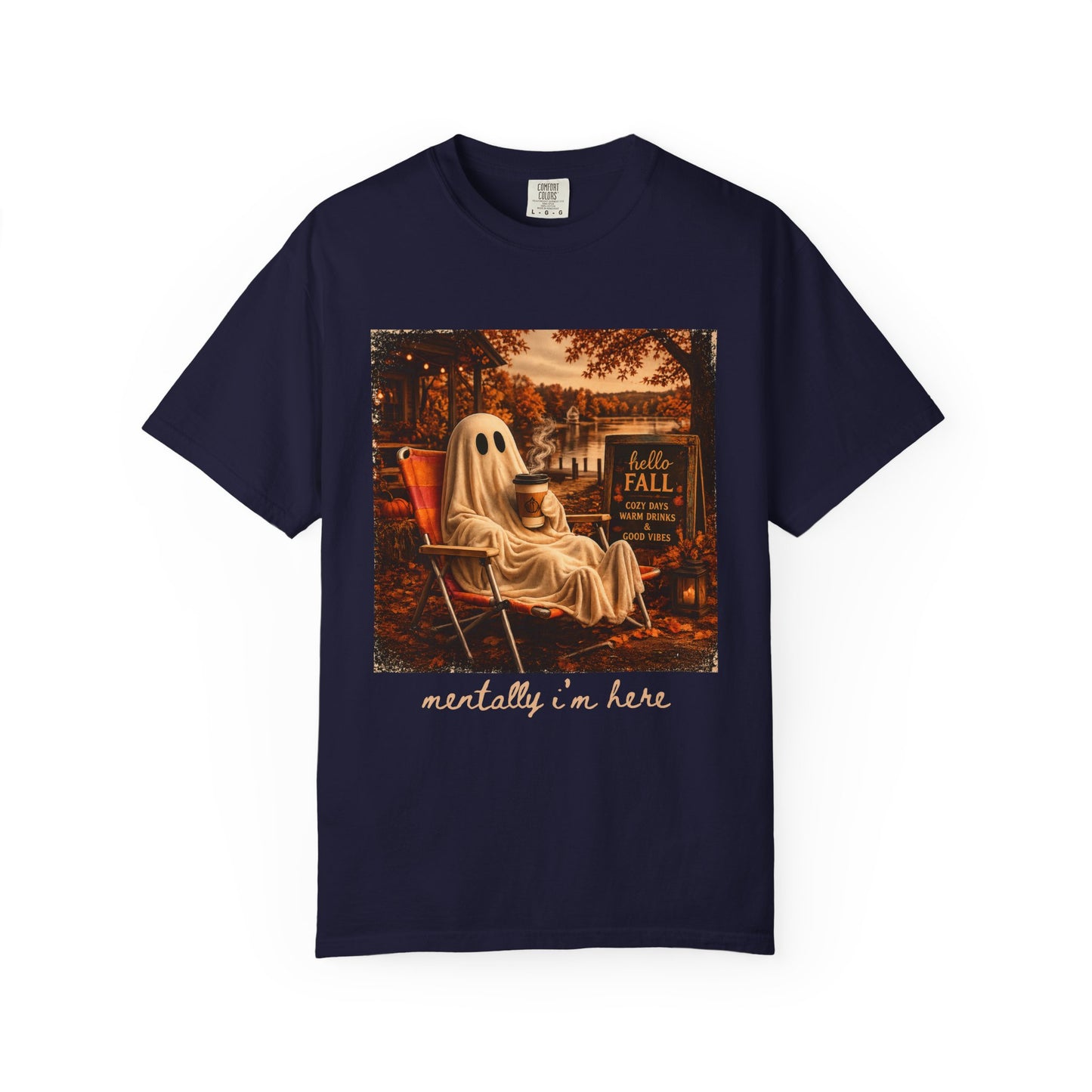Cozy Ghost in Chair Fall T-shirt | Autumn Leaves, Retro Halloween Scene, Summerween