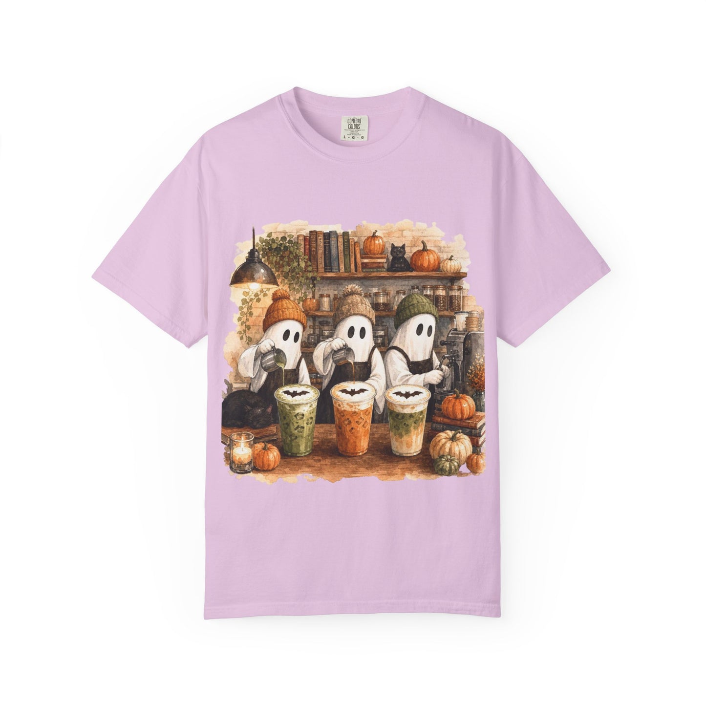 Ghost Trio with Pumpkin Lattes T-Shirt, Cute Halloween Coffee Shirt, Cozy Fall Ghost Tee, Pumpkin Spice Graphic, Autumn Coffee Lover Gift