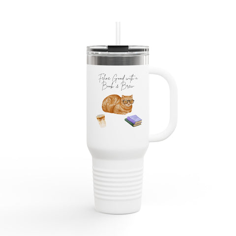 'Feline Good with a Book & Brew' Insulated Travel Mug, 40oz