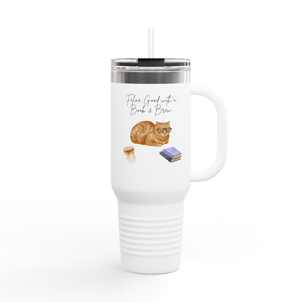 'Feline Good with a Book & Brew' Insulated Travel Mug, 40oz