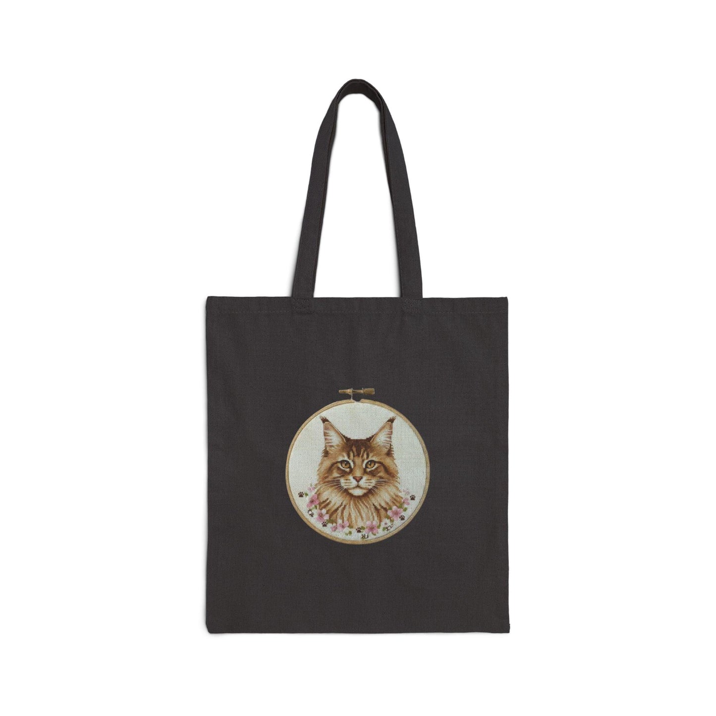 Vintage Floral Cat Portrait Tote Bag | Illustrated Maine Coon Canvas