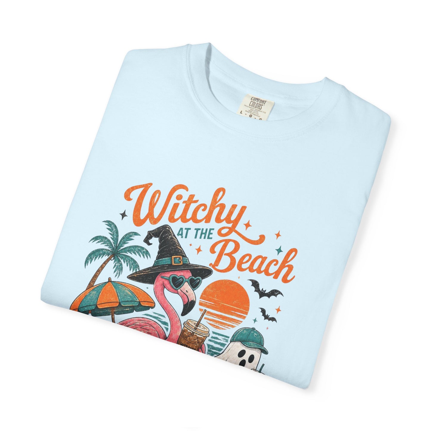 Witchy at the Beach T-shirt | Spooky Vibes Halloween Flamingo Design