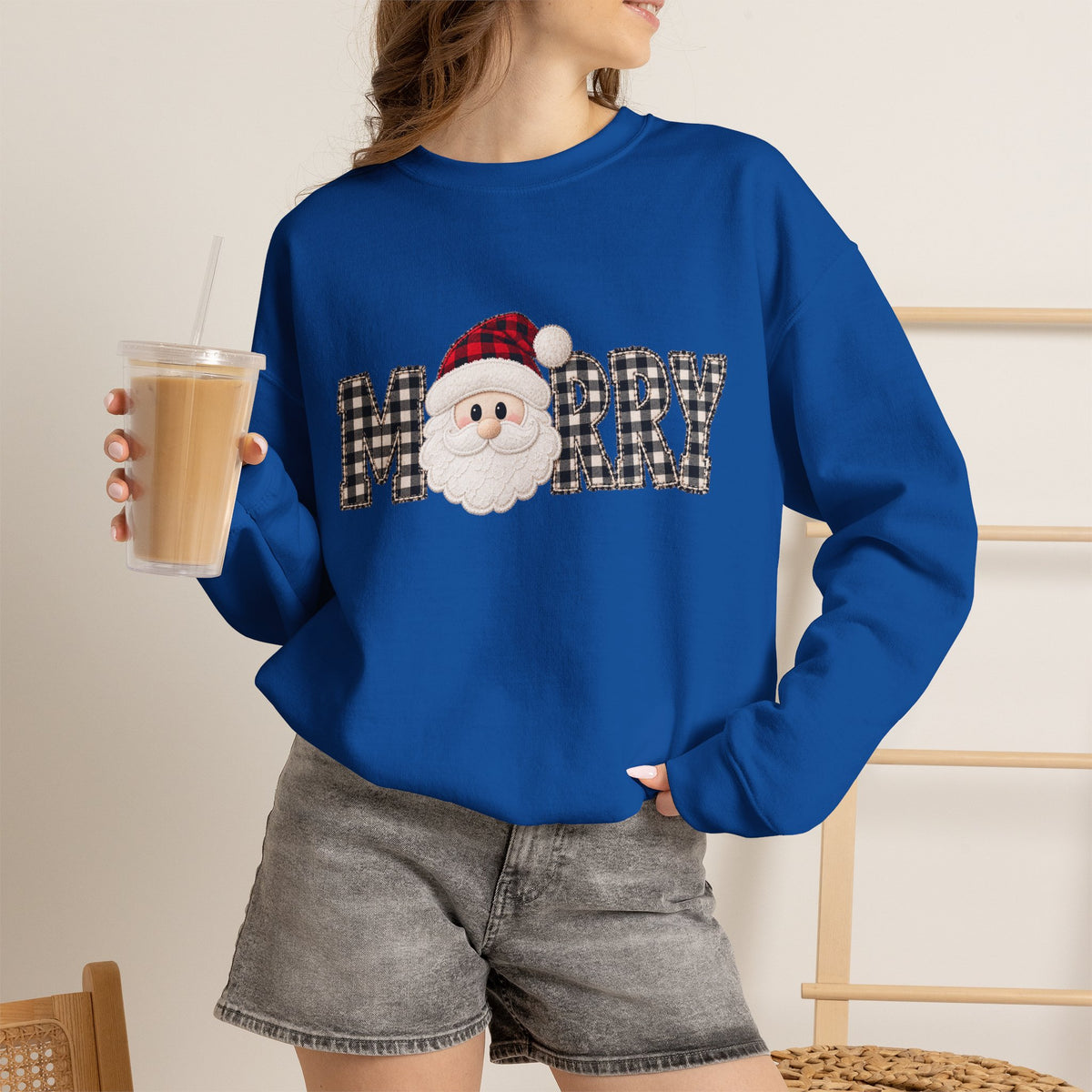 Merry Christmas Sweatshirt, Santa Christmas Crewneck, Plaid Holiday Sweater, Cute Santa Shirt, Cozy Christmas Gift for Her