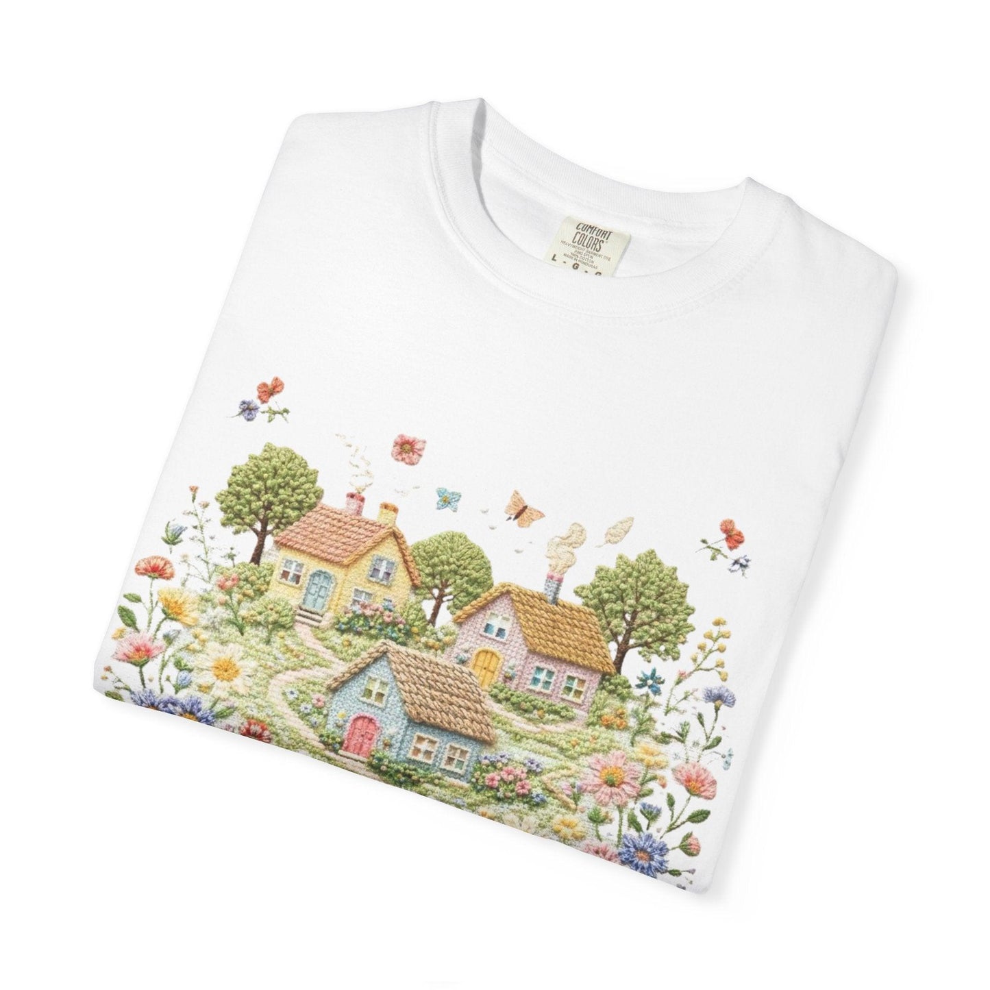Cottage Garden Landscape T-shirt | Floral Village Illustration