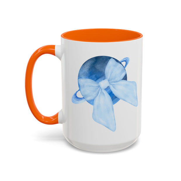 Blue Saturn Wrapped In A Blue Bow Accent Coffee Mug