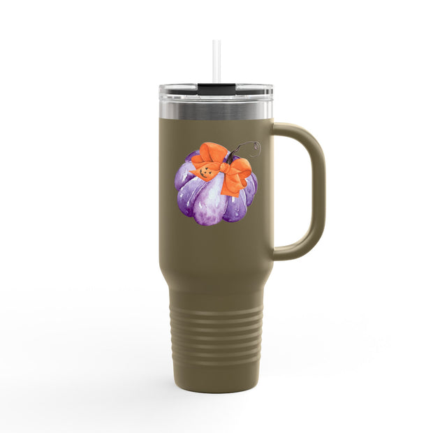 Purple Pumpkin Wrapped In A Bow Insulated Travel Mug, 40oz
