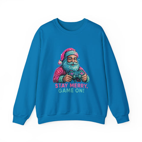 Santa with Game Controller Crewneck, Stay Merry Game On Holiday Sweatshirt