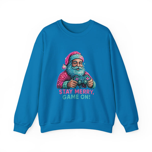 Santa with Game Controller Crewneck, Stay Merry Game On Holiday Sweatshirt