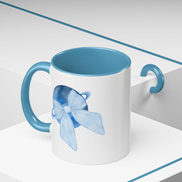 Blue Saturn Wrapped In A Blue Bow Accent Coffee Mug