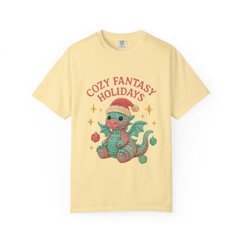 Cozy Fantasy Holidays Tee, Unisex Christmas T-shirt, Cute Dragon Apparel, Holiday Gift, Festive Graphic Tee
