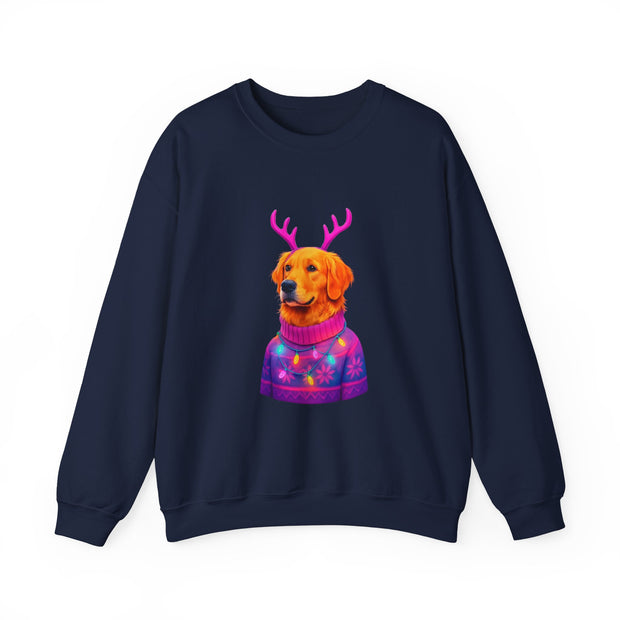 Golden Retriever in Festive Sweater Sweatshirt | Reindeer Antlers Holiday Dog