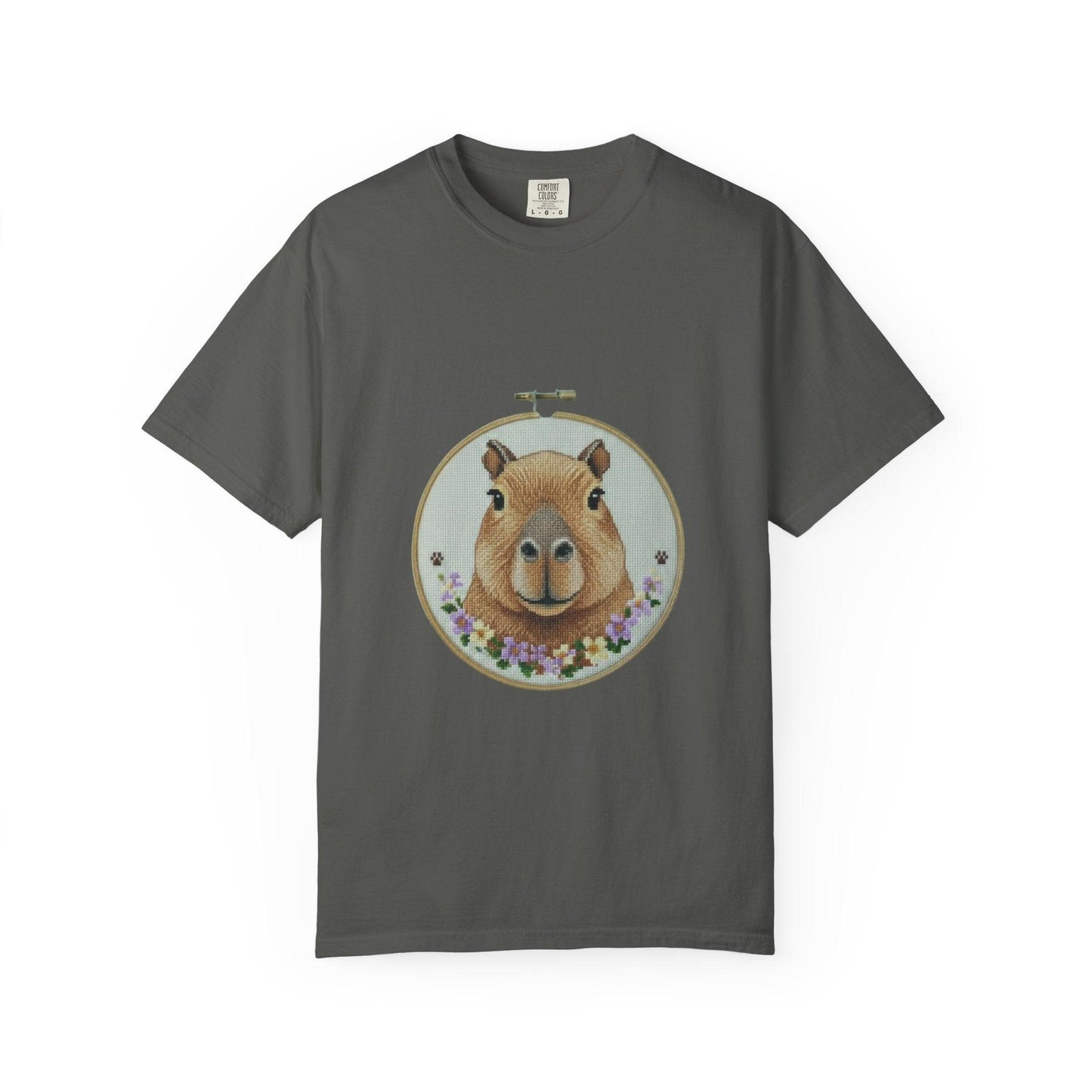 Capybara Portrait T-Shirt | Floral Embroidery Hoop Design