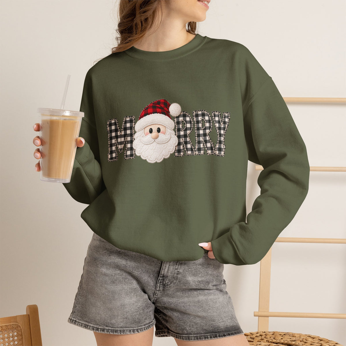 Merry Christmas Sweatshirt, Santa Christmas Crewneck, Plaid Holiday Sweater, Cute Santa Shirt, Cozy Christmas Gift for Her
