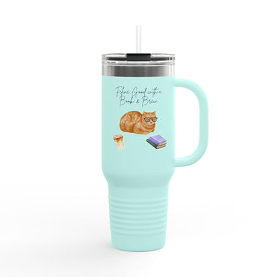 'Feline Good with a Book & Brew' Insulated Travel Mug, 40oz