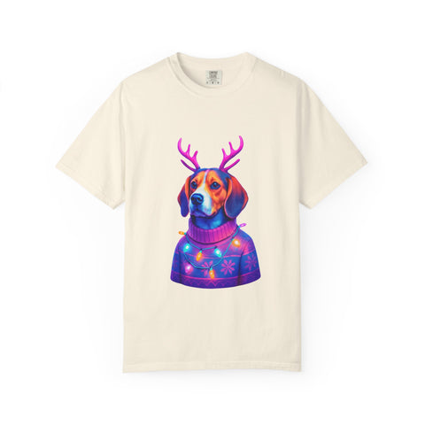 Neon Beagle in Reindeer Antlers T-Shirt | Christmas Dog Sweater Design