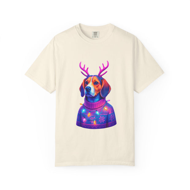 Neon Beagle in Reindeer Antlers T-Shirt | Christmas Dog Sweater Design