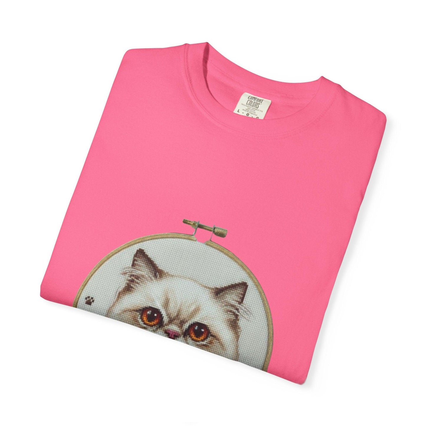 Persian Cat Portrait T-shirt | Embroidery Hoop Floral Illustration