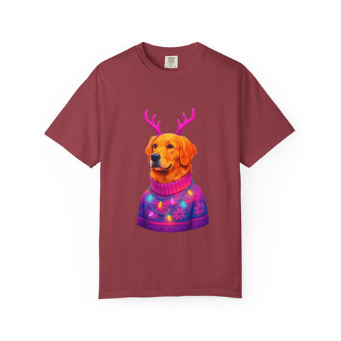 Golden Retriever with Antlers sweater T-Shirt | Neon Holiday Dog Design