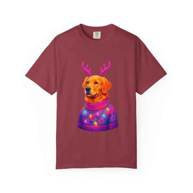 Golden Retriever with Antlers sweater T-Shirt | Neon Holiday Dog Design