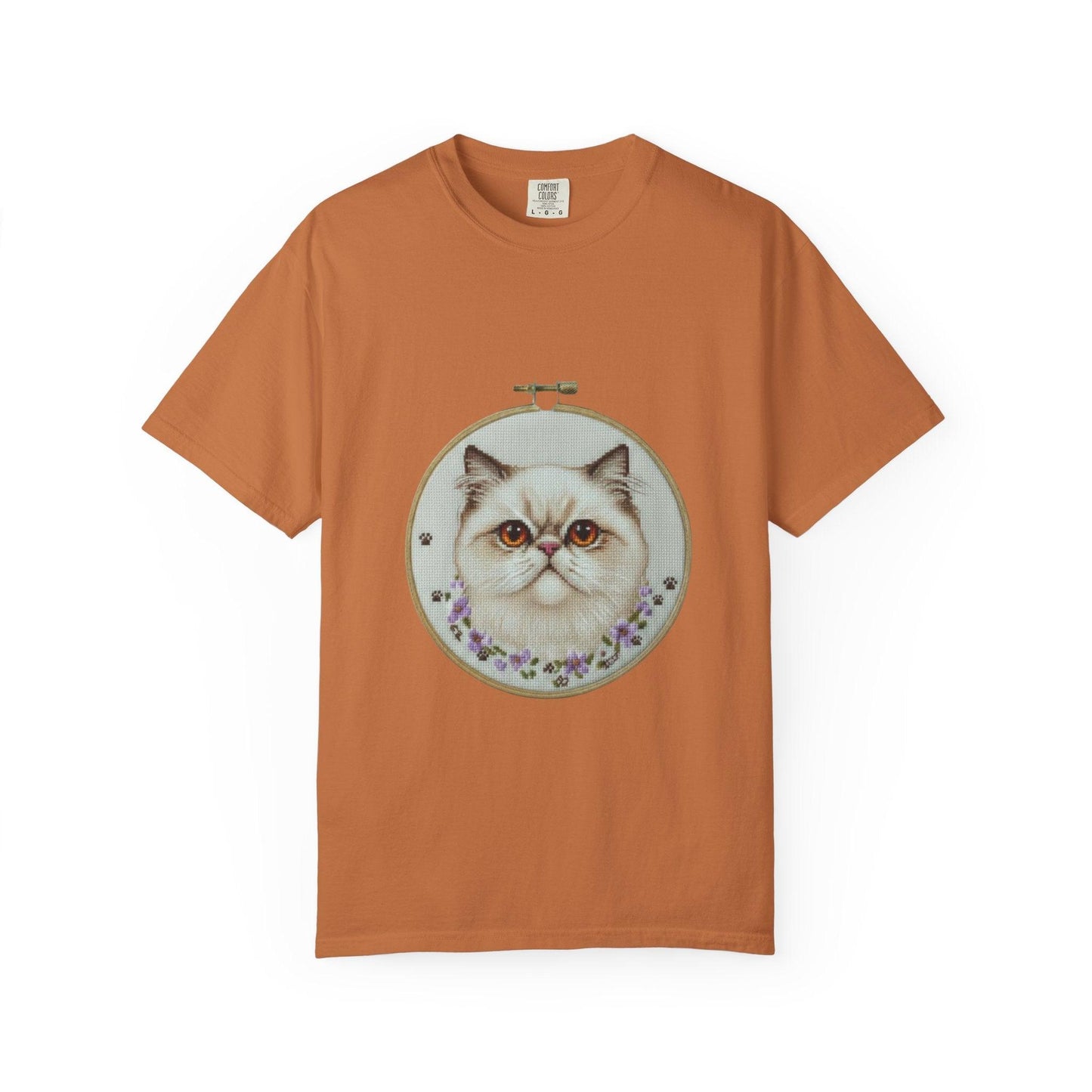 Persian Cat Portrait T-shirt | Embroidery Hoop Floral Illustration