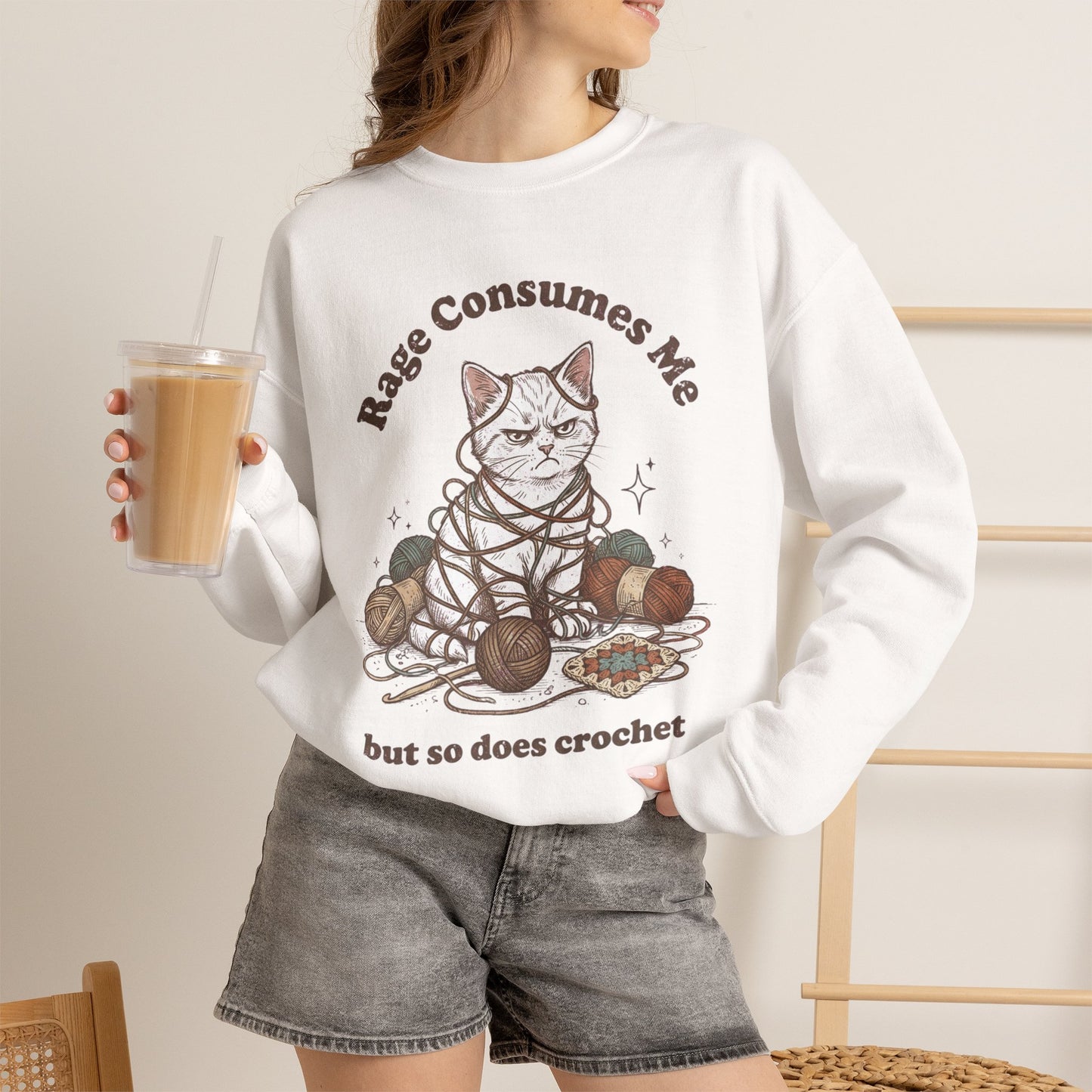 Rage Consumes Me Crochet Cat Shirt, Funny Knitting Tee, Grandma Hobbies Sweatshirt