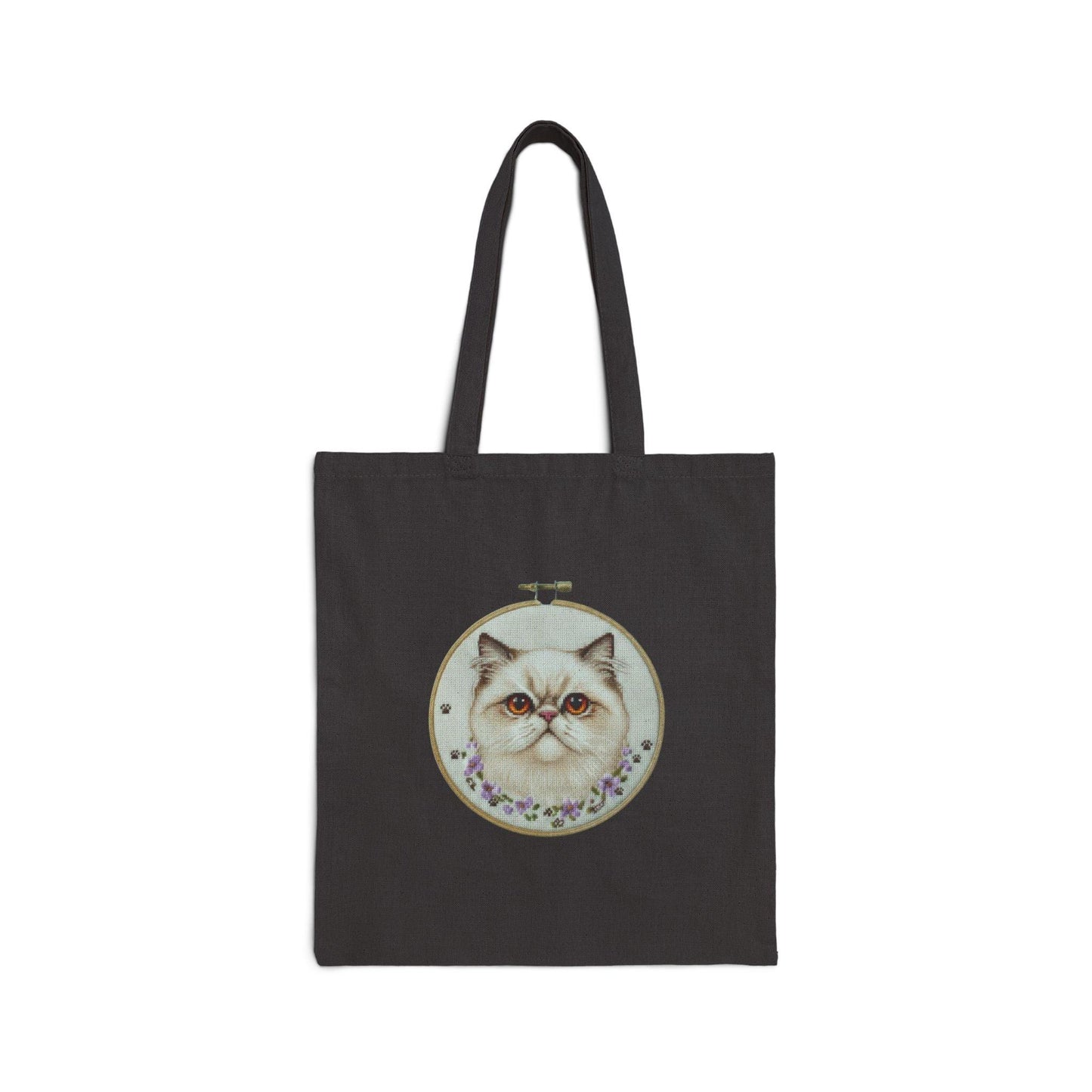 Vintage Embroidery Kit Cat Tote Bag | Persian Cat Hoop Art, Floral Accent