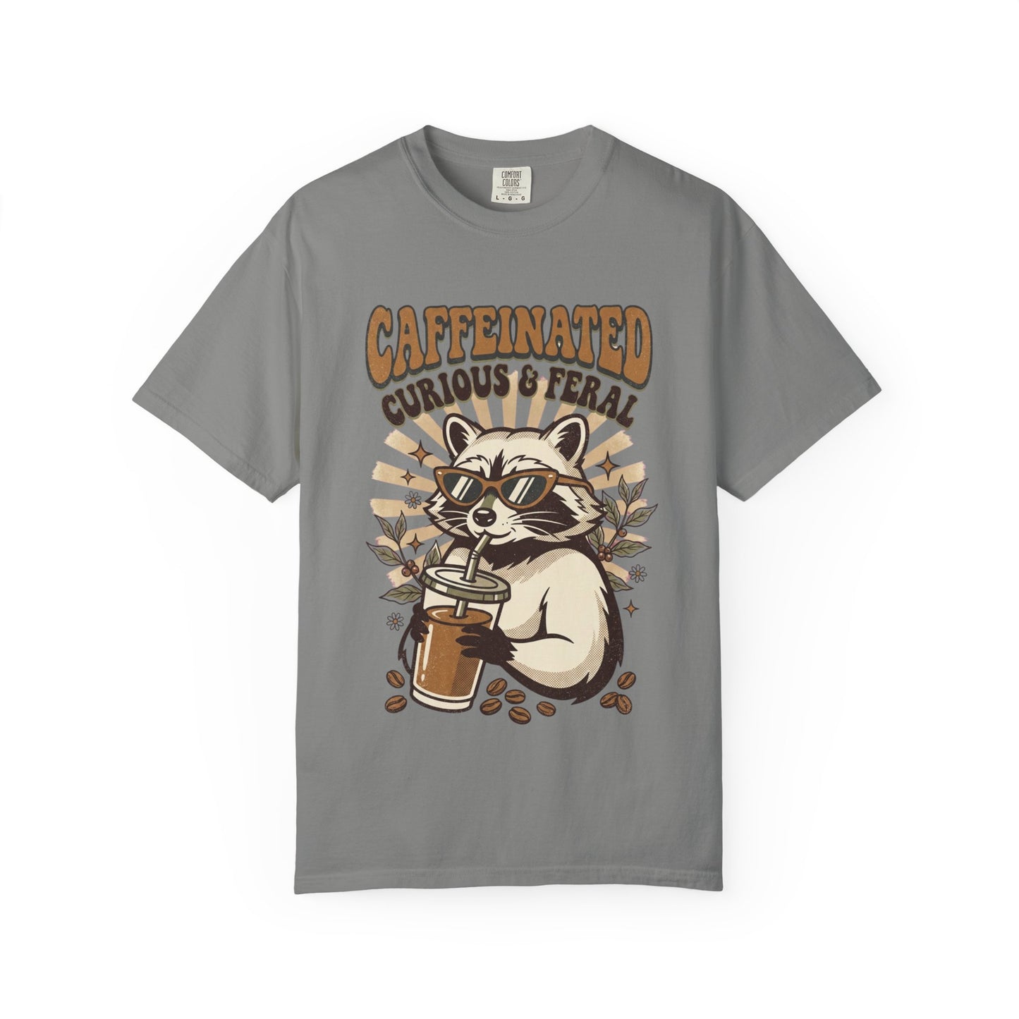 Caffeinated Curious & Feral Raccoon T-Shirt, Funny Coffee Lover Raccoon Tee, Goblincore Animal Shirt, Nature Lover Gift