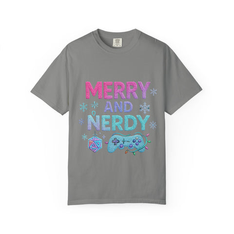 Merry and Nerdy T-Shirt, Unisex Gamer Tee, Holiday Gaming Shirt, Fun Christmas Apparel, Gift for Nerds, Cozy Casual Style