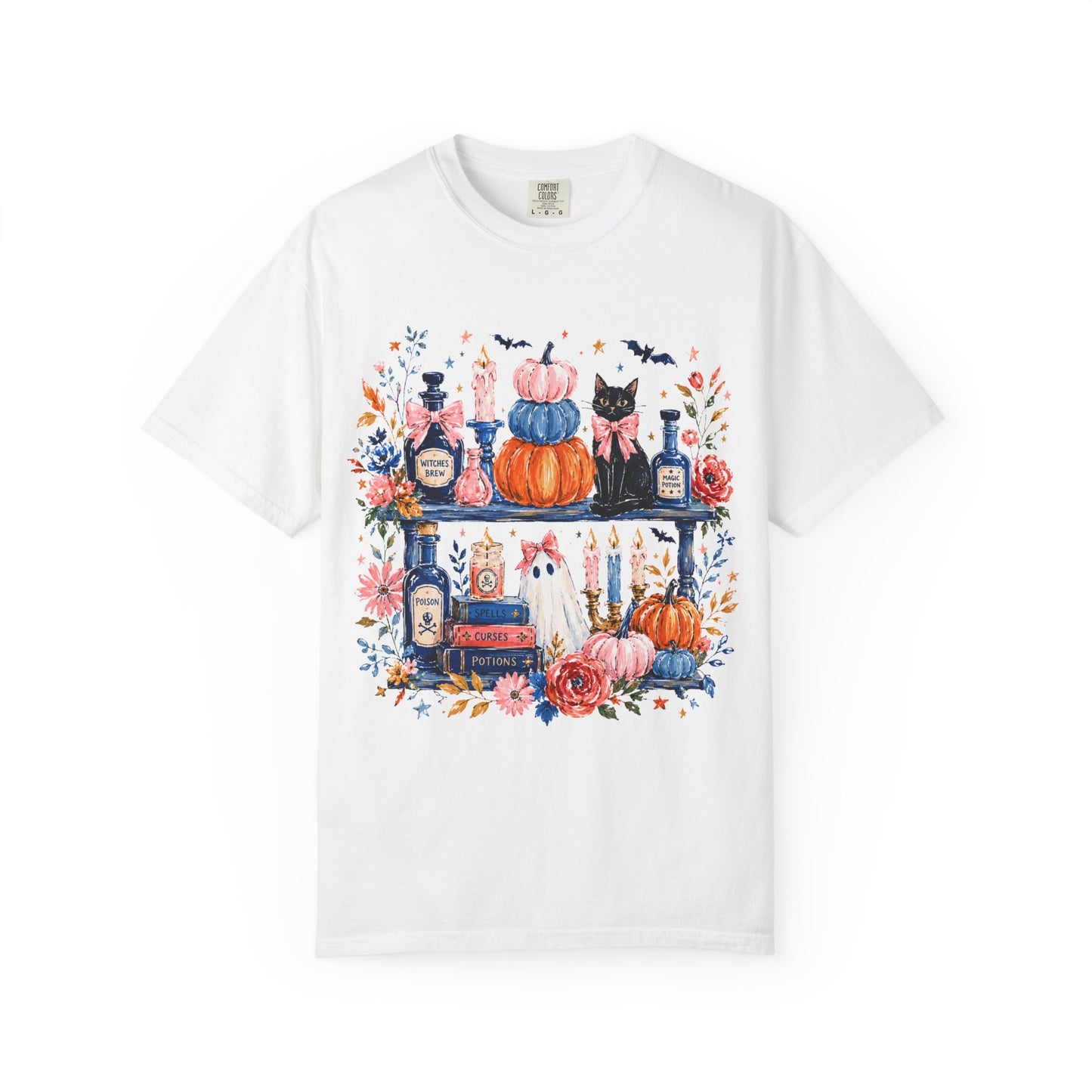 Autumn Apothecary Illustration T-shirt | Pumpkins, Black Cat, Potion Bottles