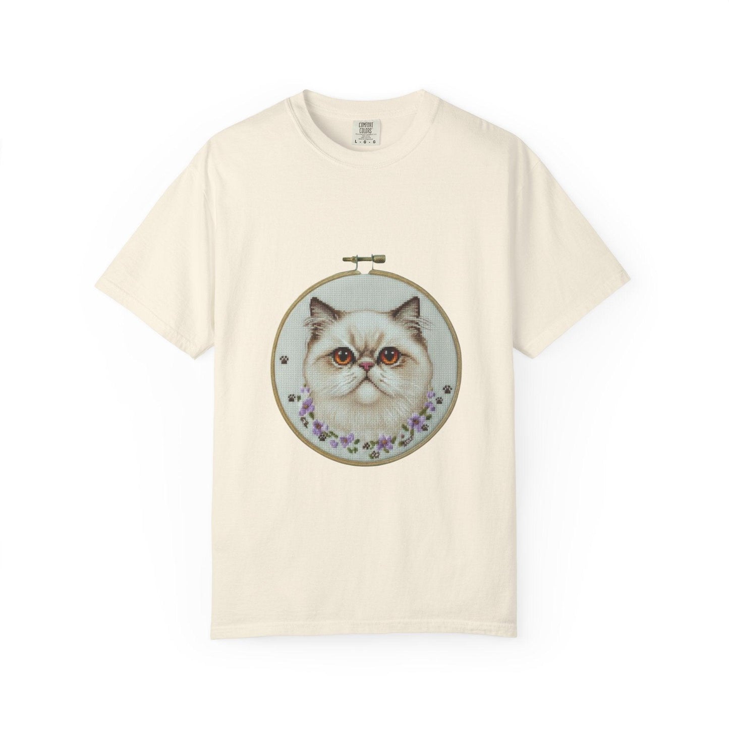 Persian Cat Portrait T-shirt | Embroidery Hoop Floral Illustration