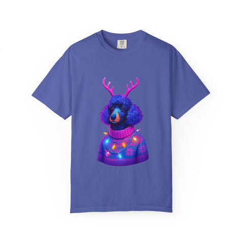 Poodle with Antlers in Light-Up Sweater T-Shirt | Neon Holiday Dog Design