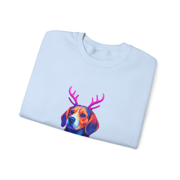 Beagle with Reindeer Antlers Sweatshirt | Colorful Holiday Dog Illustration