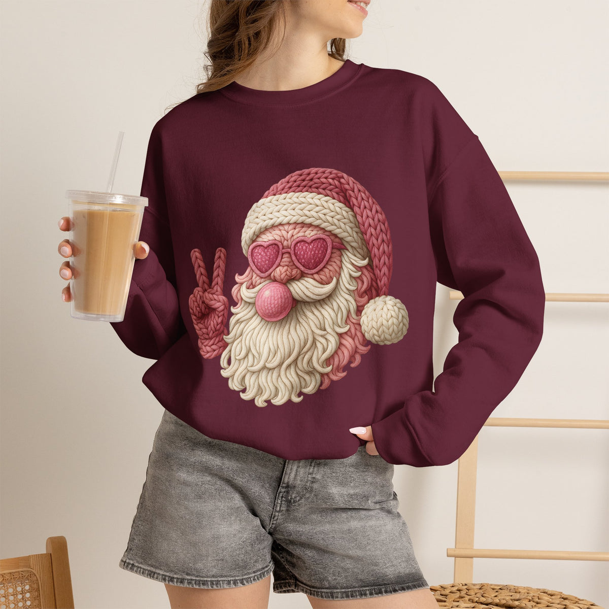 Pink Sunglasses Peace Sign Santa Sweatshirt | Retro Holiday Cozy