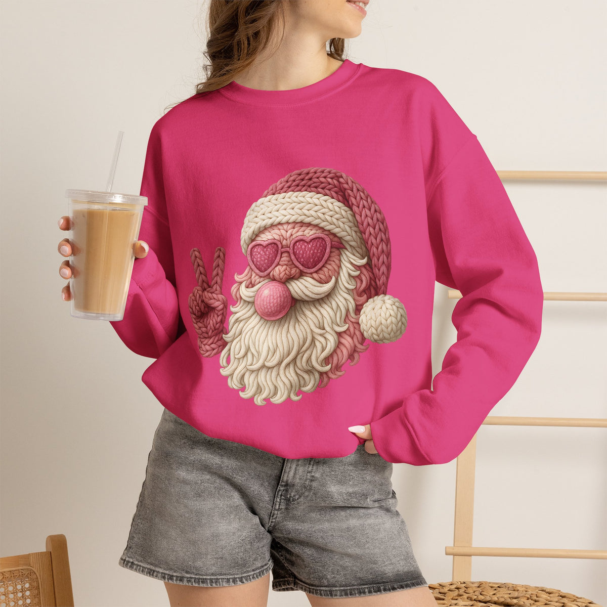 Pink Sunglasses Peace Sign Santa Sweatshirt | Retro Holiday Cozy