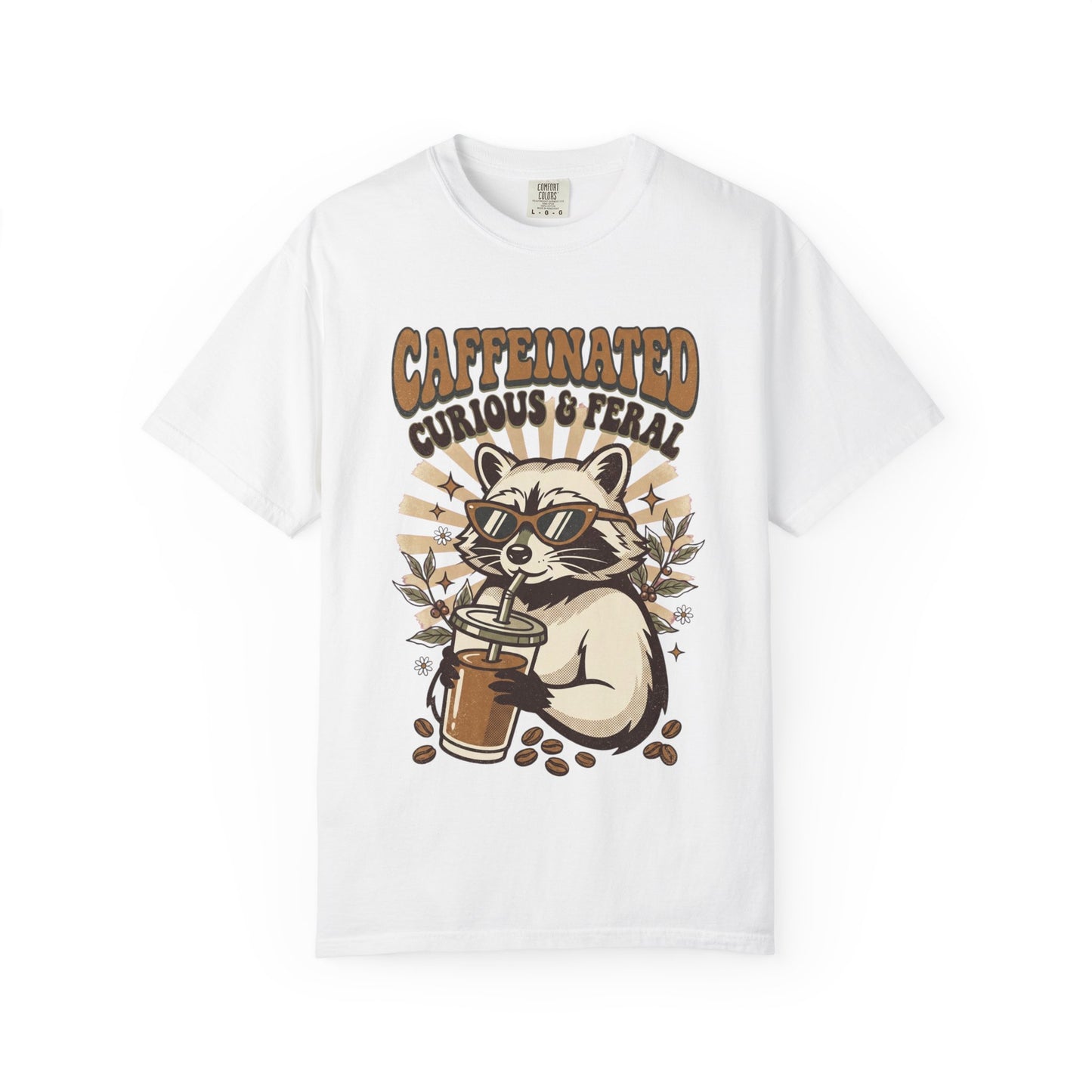 Caffeinated Curious & Feral Raccoon T-Shirt, Funny Coffee Lover Raccoon Tee, Goblincore Animal Shirt, Nature Lover Gift