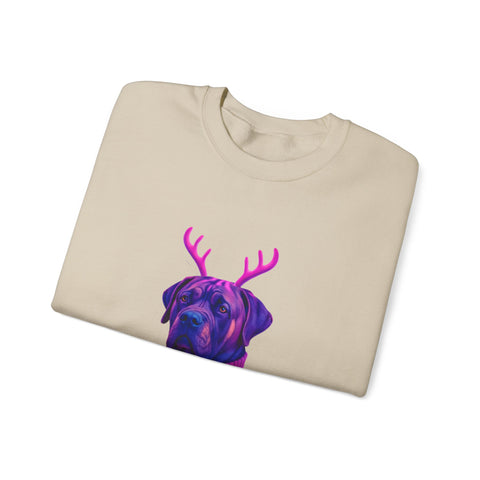 Neon Reindeer English Mastiff Sweatshirt | Dog with Antlers, Holiday Lights Sweater
