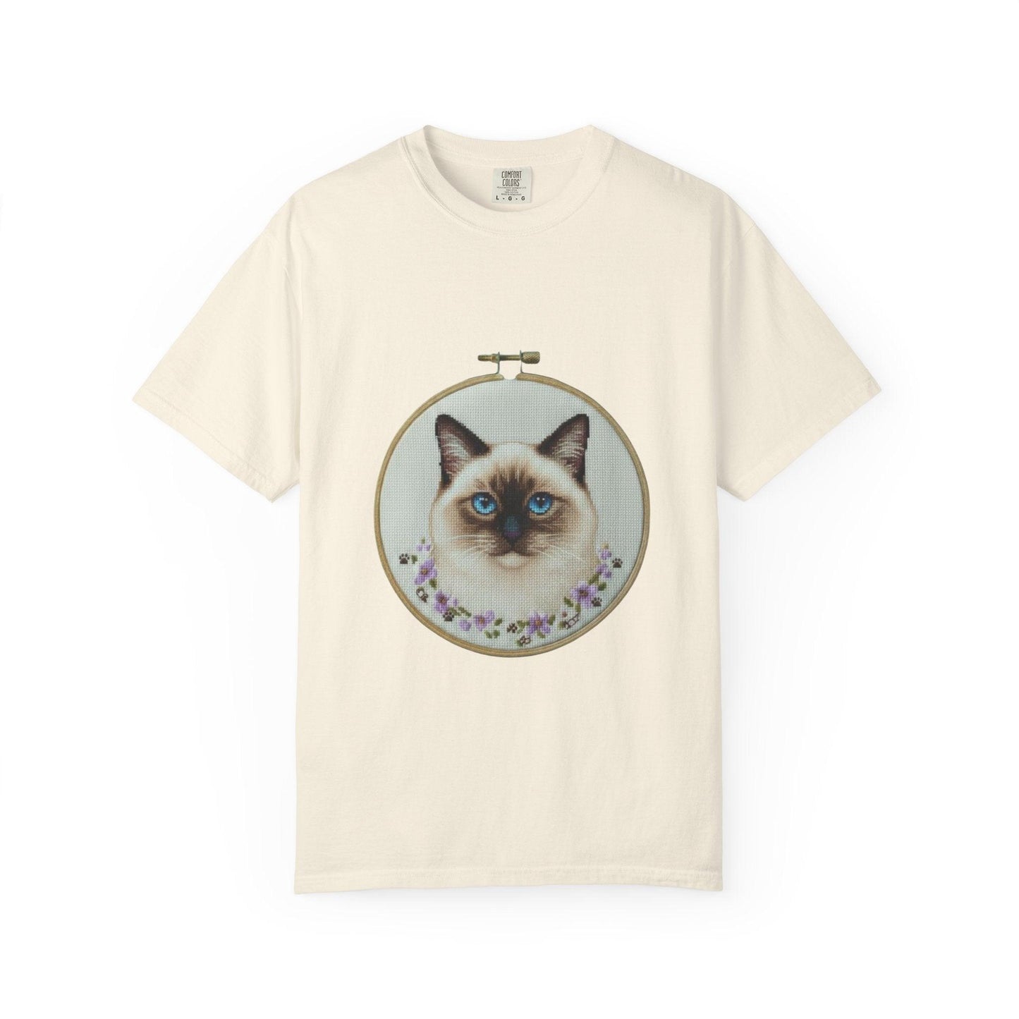 Blue-Eyed Siamese Cat Portrait T-Shirt | Embroidery Hoop Floral Design