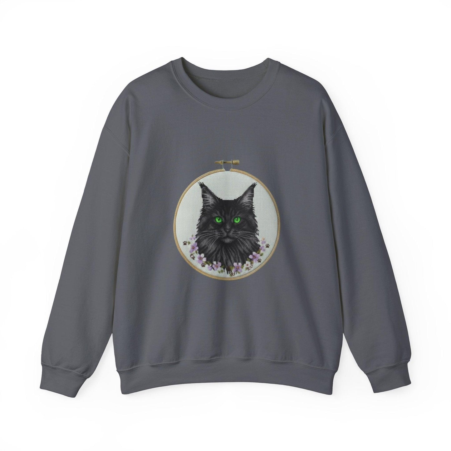 Black Cat Portrait Sweatshirt | Embroidery Hoop Floral Crewneck