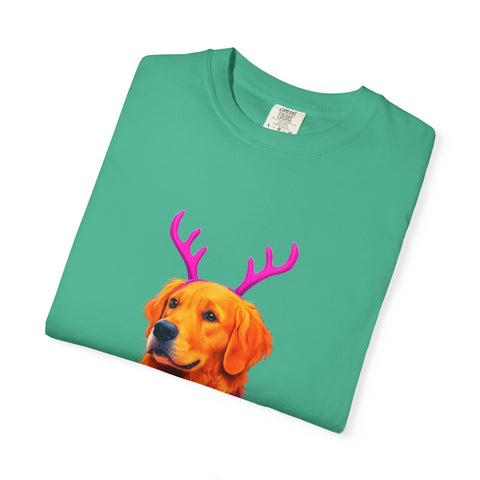 Golden Retriever with Antlers sweater T-Shirt | Neon Holiday Dog Design