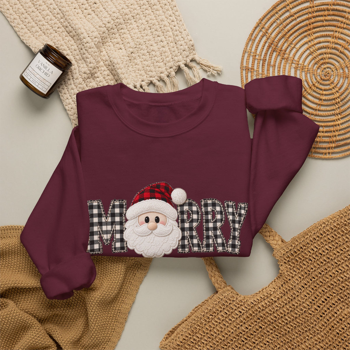 Merry Christmas Sweatshirt, Santa Christmas Crewneck, Plaid Holiday Sweater, Cute Santa Shirt, Cozy Christmas Gift for Her